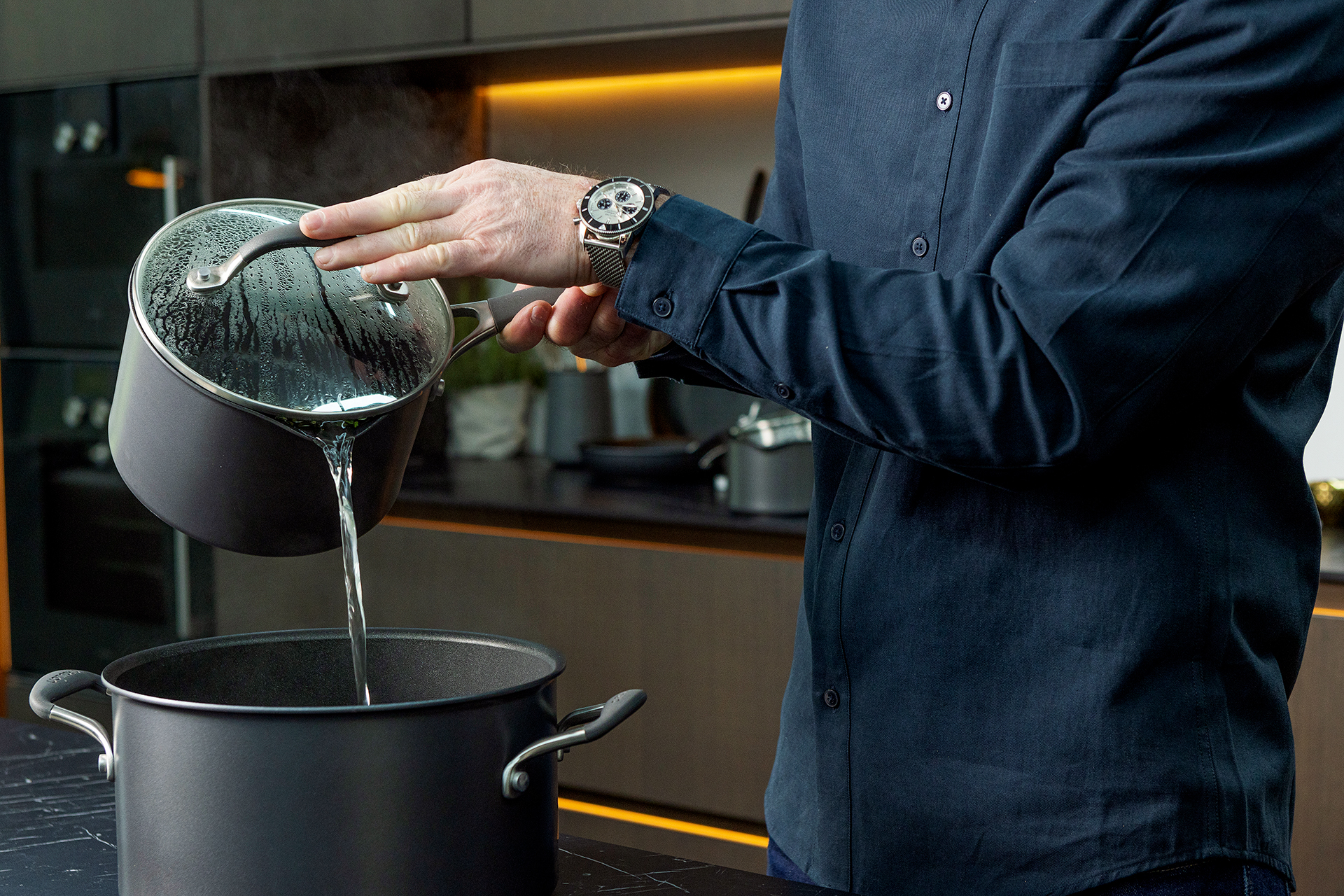 lifestyle product photography of chef pans with Marcus wareing